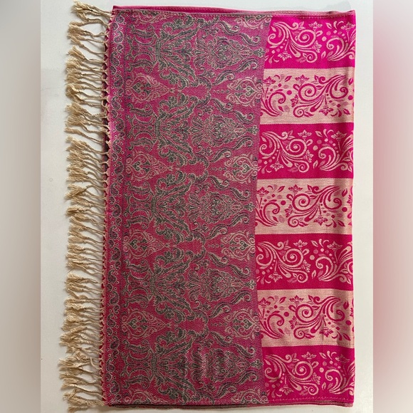 Pashmina Cashmere Scarf Wrap Rich Pink, Cream, Sage w/ Tassels Excellent Vintage - Picture 11 of 14